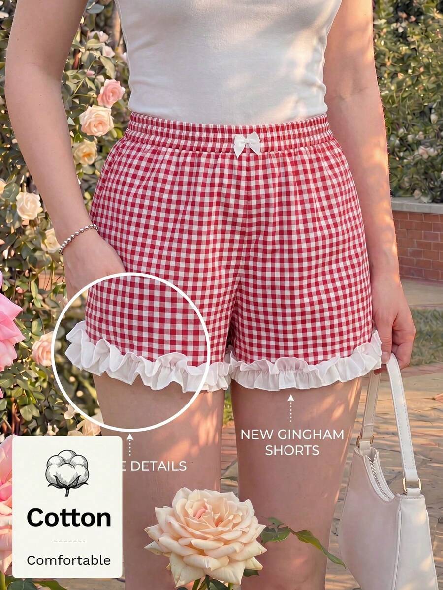SHEIN MOD Plus Size Summer Red & White Plaid Shorts, Frill Trim Design, Suitable For Girls, Casual Wear, Vacation, Daily, School - Red and White - View 1