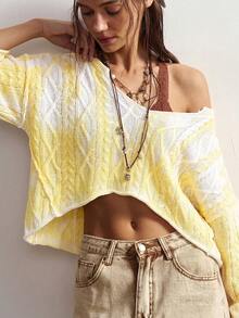 Bohemela Women's Autumn/Winter Casual Vacation Tie Dye Retro Twisted Knit V-Neck Sweater - Yellow - View 8