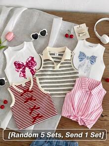 [Random 5Sets, Send 1 Set]Chance Of Getting 1 Set!! Young Girl Round Neck T-Shirt With Bow Decal - White - View 11