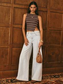 Poéselle Women's Brown Stripe Colorblock Casual 2000s Versatile Daily Outing Top Vacation Summer - Brown - View 2