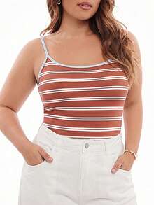 Solavibe Plus Size Summer Casual Tropical Contrast Striped Print Ringer Cami Top , Vacation, Spaghetti Strap Scoop Neck Summer - Brown - View 3