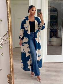 SHEIN Lady CURVE 大码女式印花卷袖开襟外套 - 藍色 - 查看 3