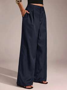 SHEIN Tall CURVE 大码百搭纯色阔腿裤，适合通勤。 - 藏蓝色 - 查看 4