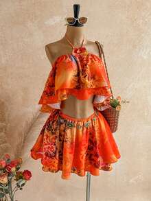 Soleia 2-delat set för kvinnor med haltertopp och minikjol i casual stil för vardagsbruk, med 3D-blomsterdekor - Orange - Visa 6