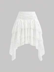 SHEIN MOD White Lace Decorated Asymmetric Ruffle Hem Skirt,Concert Outfits,Summer,White Skirt - White - View 2