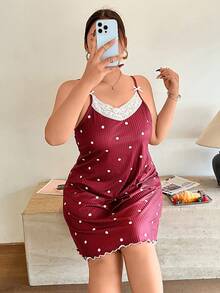 Dream Adore Plus Size Polka Dot Ribbed Lace Cami Nightgown - Red - View 4