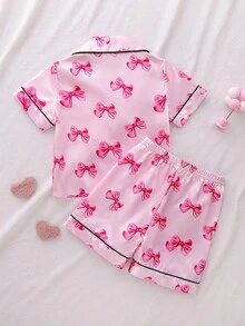 Baby Girl Pink Bow Collar Cardigan & Shorts Pajama Set, Loungewear - Pink - View 2