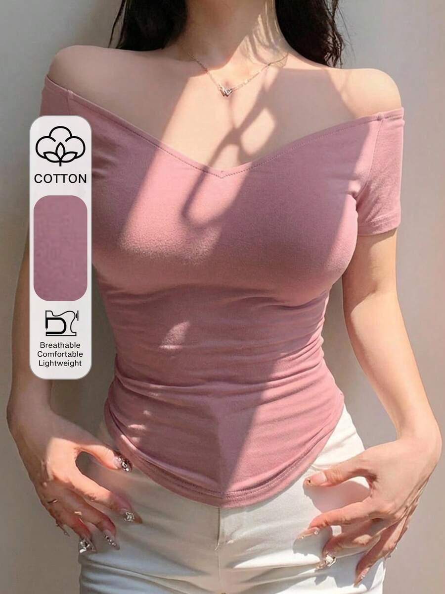 Joudiya تي شيرت نسائي بأكمام قصيرة، بلون وردي سادة، بتصميم مكشوف الكتفين، أساسي، مناسب للربيع والصيف، لمهرجانات الموسيقى والزفاف والرياضة والكاجوال والشارع والخارج - وردي - مشاهدة 1