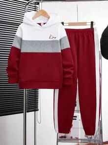 SHEIN Setelan Anak Laki-Laki Remaja Musim Gugur dan Musim Dingin, Hoodie dan Celana Olahraga 2 Potong, Sweatshirt dan Celana Olahraga Warna Blok, Cocok untuk Sekolah, Santai Sehari-hari, Kuliah, dan Olahraga - Burgundy - View 7