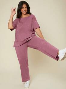 SHEIN BASICS 大尺碼女款素色短袖上衣與長褲休閒日常套裝 - 藕粉色 - 查看 4
