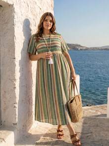 EMERY ROSE Women's Plus Size Yarn-Dyed Striped Round Neck Short Sleeve Casual Dress - Green - View 1