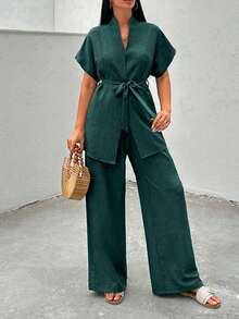 EURMUSE Women Summer Solid Color Batwing Sleeve Tie Front Shirt And Pants Casual 2-Piece Set - Dark Green - View 4