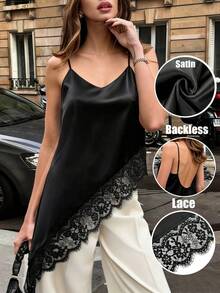 SHEIN PariChic Women Black V-Neck Elegant Lace Patchwork Blouse,Summer Date Night Asymmetric Hem Tank Tops,Versatile Shirt For Party,Holiday,Wedding Guest - Black - View 1