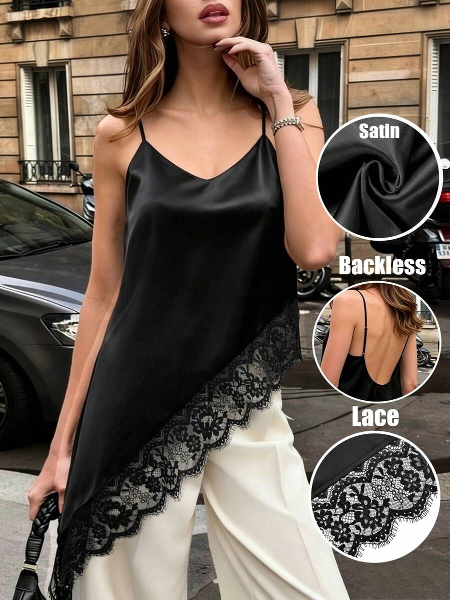 SHEIN PariChic Women Black V-Neck Elegant Lace Patchwork Blouse,Summer Date Night Asymmetric Hem Tank Tops,Versatile Shirt For Party,Holiday,Wedding Guest - Black - View 1