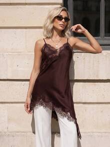 Sinnesro Spring/Summer Lace Satin Top, Casual Vacation Style, Vintage, Commuting Night Out, Sexy Home, Petite Women Shades Of Brown - Rust Brown - View 9