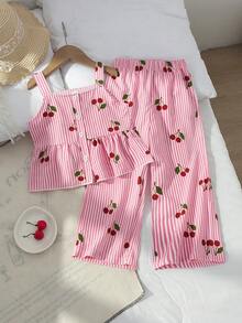 SHEIN Genkimix Kids 春/夏 2件組女童幼兒服裝套裝，粉色白色條紋櫻桃印花細肩帶上衣 + 寬腿長褲，方領夏季設計 - 粉色 - 查看 3