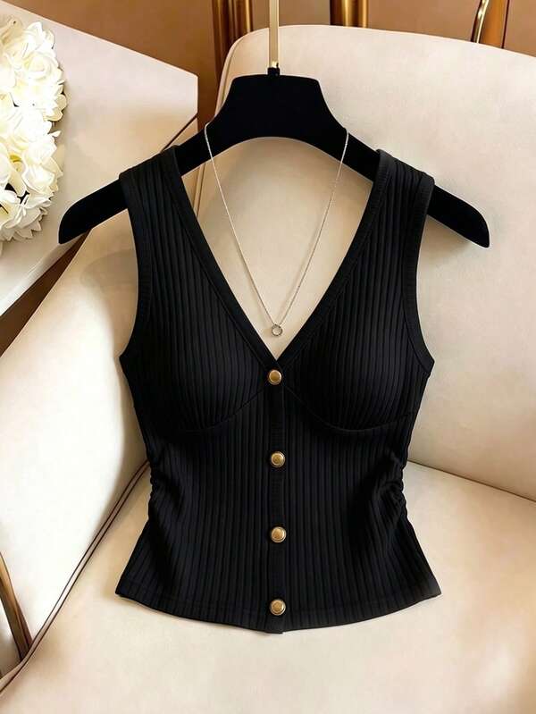 GlowEve Women's V-Neck Pleated Button Decorated Vest, Women's Fashion Elegant Vest, Solid Color Vest, Ribbed Knit Vest, Suitable For Daily Wear And Dates
