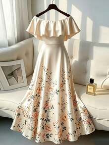 GlowEve CURVE Plus Size Women's Elegant Sleeveless Off-Shoulder Floral Print Dress, Off-Shoulder Ruffle Hem Floral Print Elegant Vacation Dress - Apricot - View 1