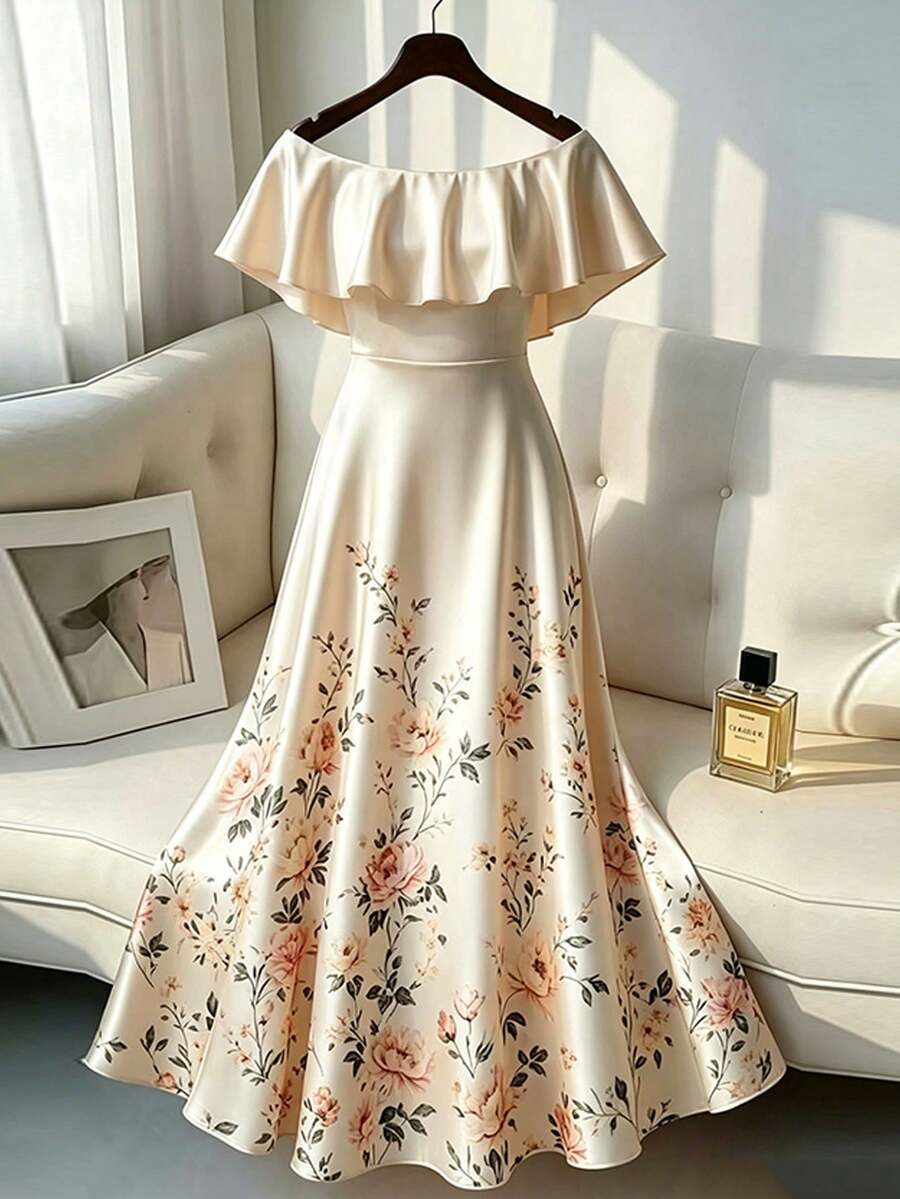 GlowEve CURVE Plus Size Women's Elegant Sleeveless Off-Shoulder Floral Print Dress, Off-Shoulder Ruffle Hem Floral Print Elegant Vacation Dress - Apricot - View 1