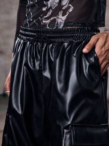 Skyrend Men's Black Faux Leather Cargo Shorts, Streetwear Styleemo Grunge - Black - View 7
