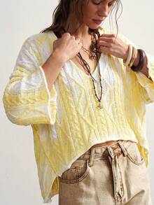 Bohemela Women's Autumn/Winter Casual Vacation Tie Dye Retro Twisted Knit V-Neck Sweater - Yellow - View 7