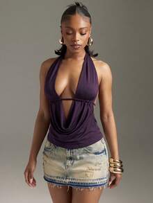 Denimoi Women's Solid Color Halter Neck Sexy Versatile Date & Outing Top - Purple - View 5