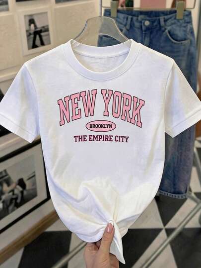 Playera camiseta básica mujer dama cuello redondo manga corta estampado grafico ciudades modernas textura suave