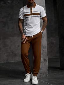 Manfinity CasualCool 男士拼色短袖 Polo 衫與長褲休閒日常穿搭套裝 - 白色 - 查看 6