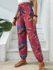 SHEIN VCAY 女款彈性腰植物印花休閒百搭日常旅行慢跑褲 - 粉色 - 查看 3