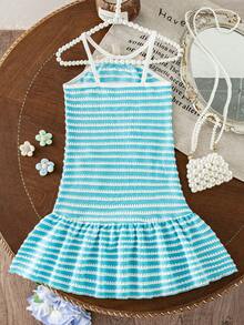 SHEIN Elladie kids 少女 YK2 夏季韓風新款時尚甜美細肩帶露背彩虹條紋可愛度假洋裝 - 藍色 - 查看 3