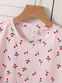 Girls' 2pcs Cute Ditsy Floral Short Sleeve Round Neck Casual Loungewear Set - Pink - View 3