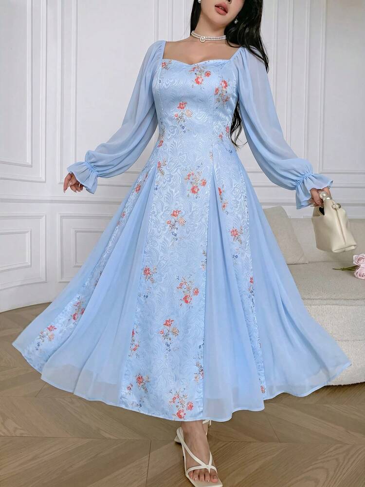 Feyla 優雅印花泡泡袖女款洋裝 - 淺藍色 - 查看 7