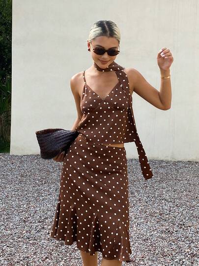 DAZY Contrast Color Polka Dot Spaghetti Strap Tie A-Line Knee-Length Skirt Casual Vacation Summer 2-Piece Set For Women