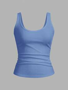 Slaydiva Casual Basic Racerback Sleeveless Deep U-Neck Narrow Ribbed Cornflower Blue Camisole -C Everyday Summer - Blue - View 5