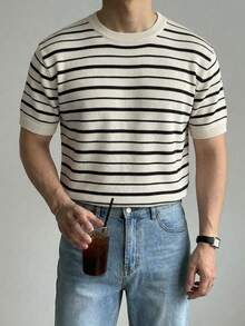 DAZY Men's Summer Half-Button Striped Apricot Knit Top - Multicolor - View 4