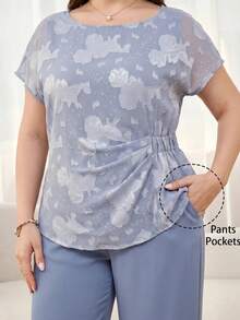 Reflora Conjunto de 2 piezas para mujer talla grande, elegante top de manga corta de unicolor y pantalones largos, adecuado para primavera, verano, uso diario, ir al trabajo - Celeste - Ver 6