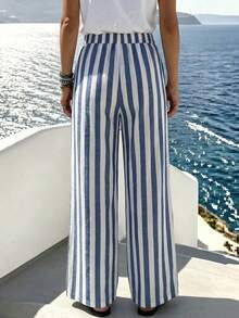 Omancia Women's Spring/Summer Cotton Blend Striped Loose Versatile Long Pants, Suitable For Travel, Home And Outdoor - Blue and White - View 2