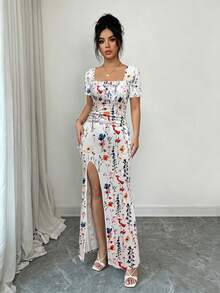 Vestido de verano de manga corta para mujer, vestido de vacaciones con estampado digital, vestido de playa y vacaciones con bajo con abertura, vestido largo con fruncido en la cint - Blanco - Ver 3