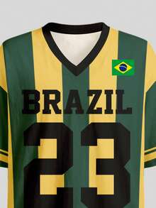 復古時尚綠色字母 BRAZIL、鮮豔陽光黃 23、金色星芒、黃金海岸、對比色領條紋運動風，青少年女孩簡約休閒 T 恤，返校季、Y2k、音樂節、Bm、美式復古甜美、休閒校園運動風、戶外野餐、出遊、街頭風、居家、校園 - 彩色 - 查看 4