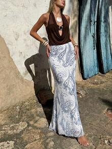 Aloruh Women's Cashew Print Casual Versatile Daily Outing Skirt - Blue - View 8