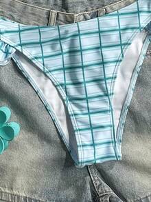 Swim Vcay 2026 Spring/Summer Blue Green Plaid Print Fabric Gold Starfish Shell Conch Shell Decor High Cut Hem Design Suitable For Beach Seaside Pool Scenes Women's Sexy Bikini - Blue - View 7