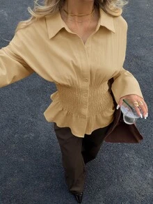 Siren Gaze 女款休閒優雅純色長袖棉質收腰駱駝領襯衫，適合辦公室、早午餐、秋季、教師節 - 卡其色 - 查看 6