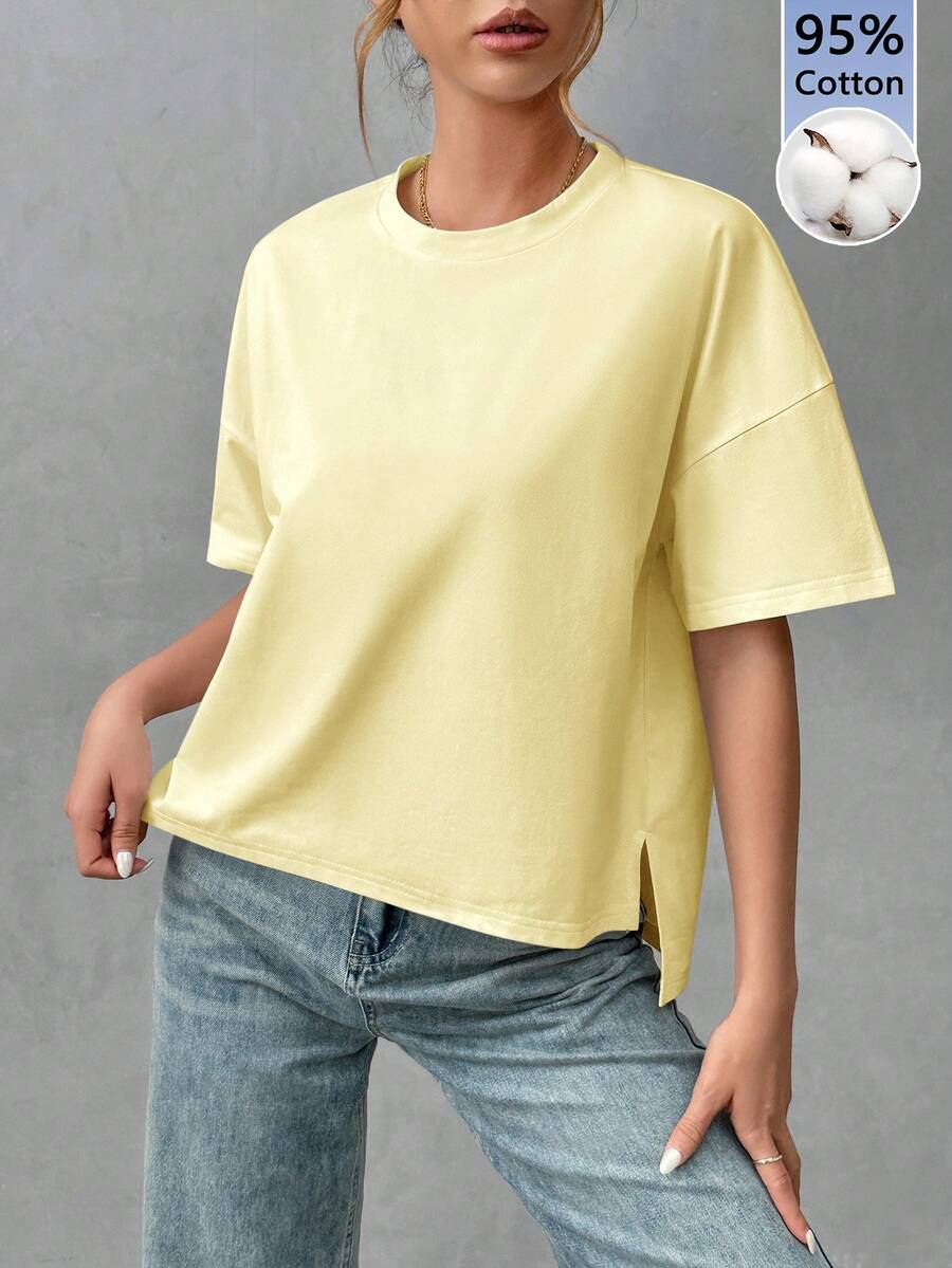SHEIN Essnce Cream Yellow Pure Cotton Comfortable Women's Minimalist Basic Short Front Long Back T-Shirt, Chic, Suitable For Outings, Matching, Travel, Vacation - Yellow - View 1