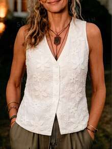 SHEIN Holidaya Middle-Aged & Elderly Women's Summer Casual Solid Color Floral Embroidered Vest - White - View 3