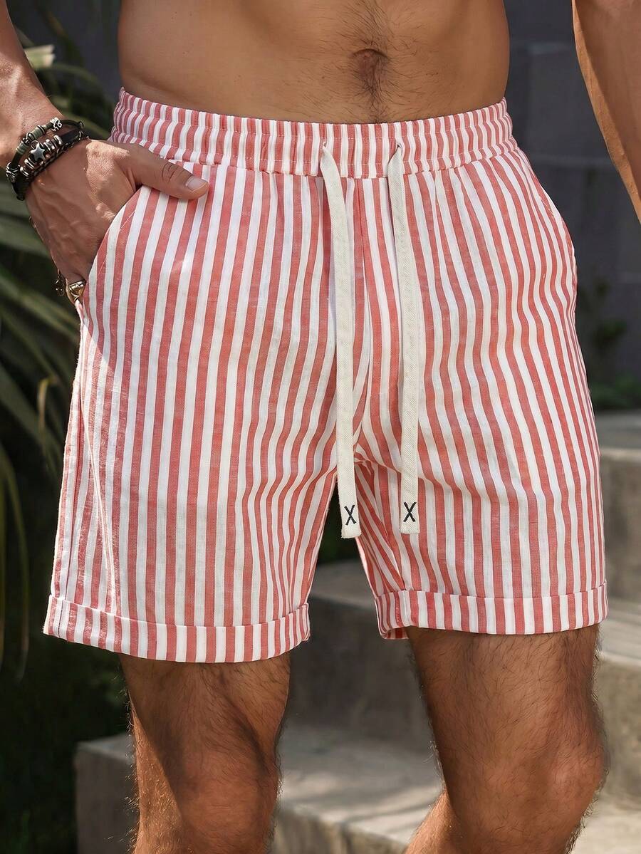 VENTUSAIL Men's Casual Vertical Striped Drawstring Waist Pocket Shorts - Red - View 1