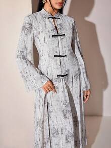 Veilorie Women's Vacation Frog Button Long Sleeve Robe & Long Skirt Arabic Costume Set - Black and White - View 6