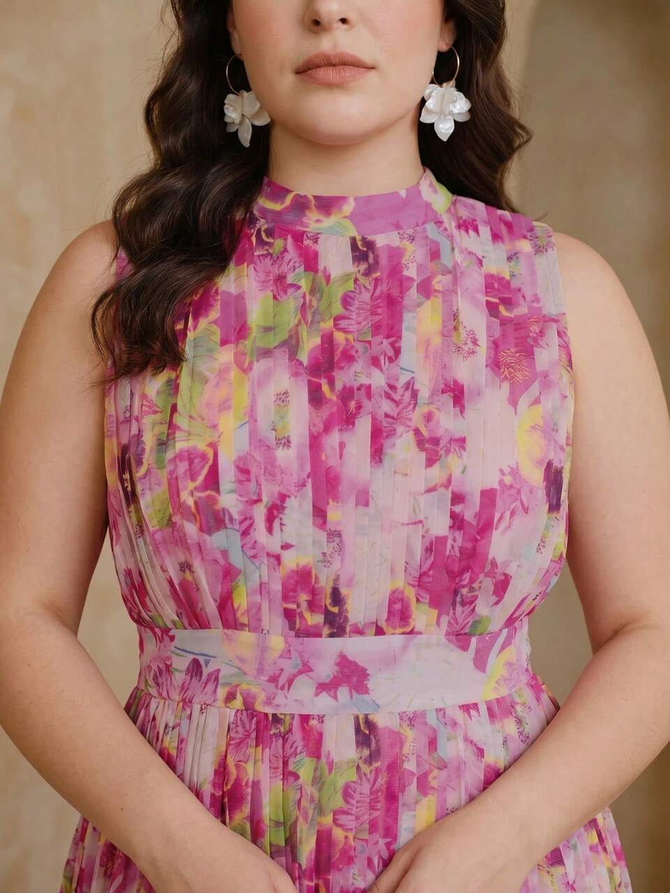 PLUS SIZE WOMEN'S SPRING/SUMMER FLORAL PRINT PLEATED STAND NECK CINCHED WAIST DRESS