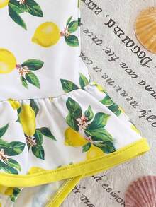 SHEIN Baby Girl Lemon Print Ruffle Strap One-Piece Swimsuit, Suitable For Beach Vacation, Pool Party, Beach Party - Pink - View 4