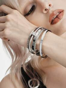 MortiRose 5pcs/Set Minimalist Elegant Luxury Sparkling Star Bangle Bracelets, High-End Titanium Steel Bracelets For Women - Silver 1 - View 7
