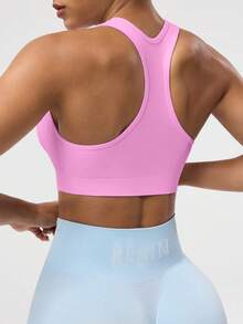 Seamluxe SHEIN Sport Women's Solid Color Sleeveless Cropped Sports Tight Yoga Racerback Tank Top - Pink - View 2